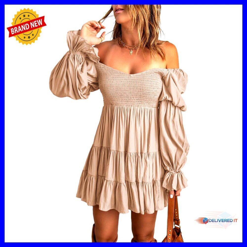 Elegant Off Shoulder Ruffle Mini Dress Long Sleeve Flowy Skater Style